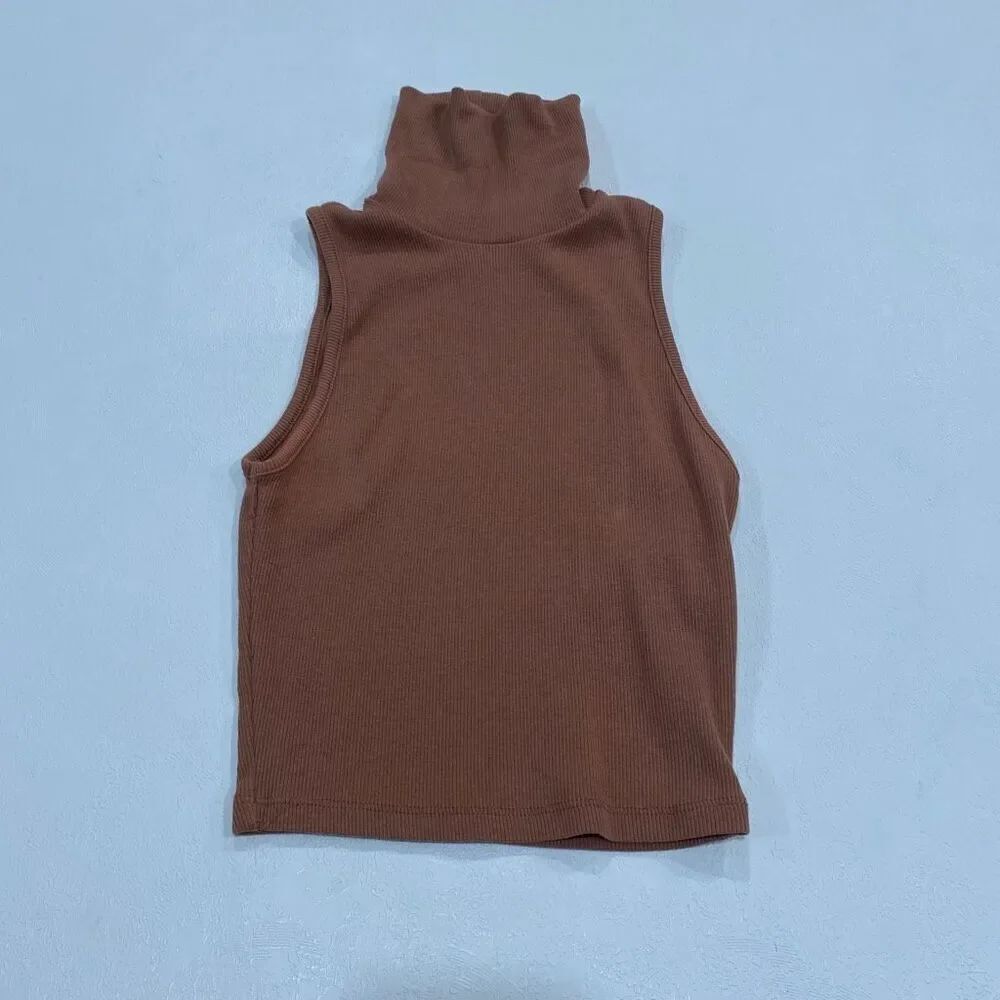 ZARA Ribbed Sleeveless Turtleneck Top S | Brown Mock Neck Tank | Minimalist Basi